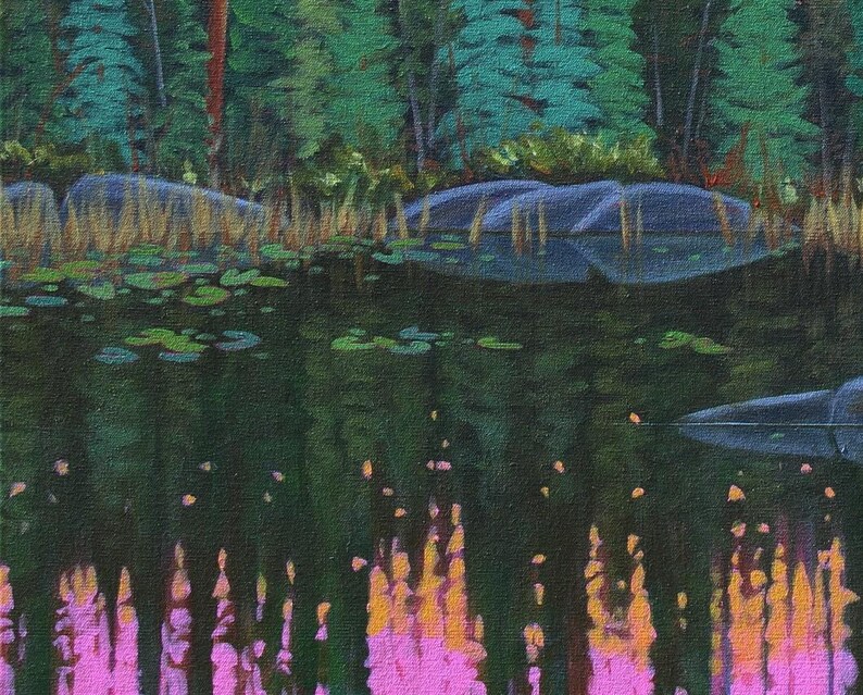 Rocks and water lilies in lake reflection of landscape painting.