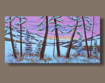 Winter Landscapes, Winter Hills, Nova Scotia Art, Winter Forest Paintings, Panoramic Art, Canadian Paintings, Pink and White, Bedroom Art