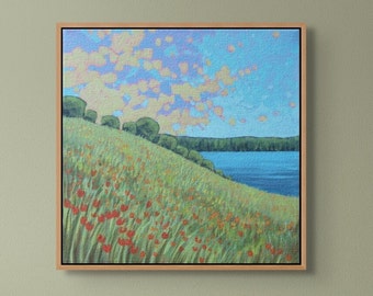 FIELD PAINTING, 16x16, Field and Sea, Nova Scotia, Pastoral Landscape, Green Field, Bedroom Art, Floral Art, Field of Flowers Painting