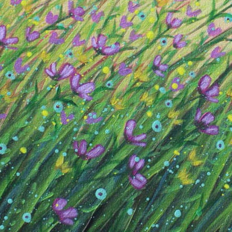 Very close up detail of violet flowers in  wildflower painting.