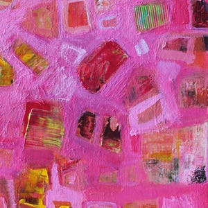 Detail view of pink abstract artwork with a pop of mint green.