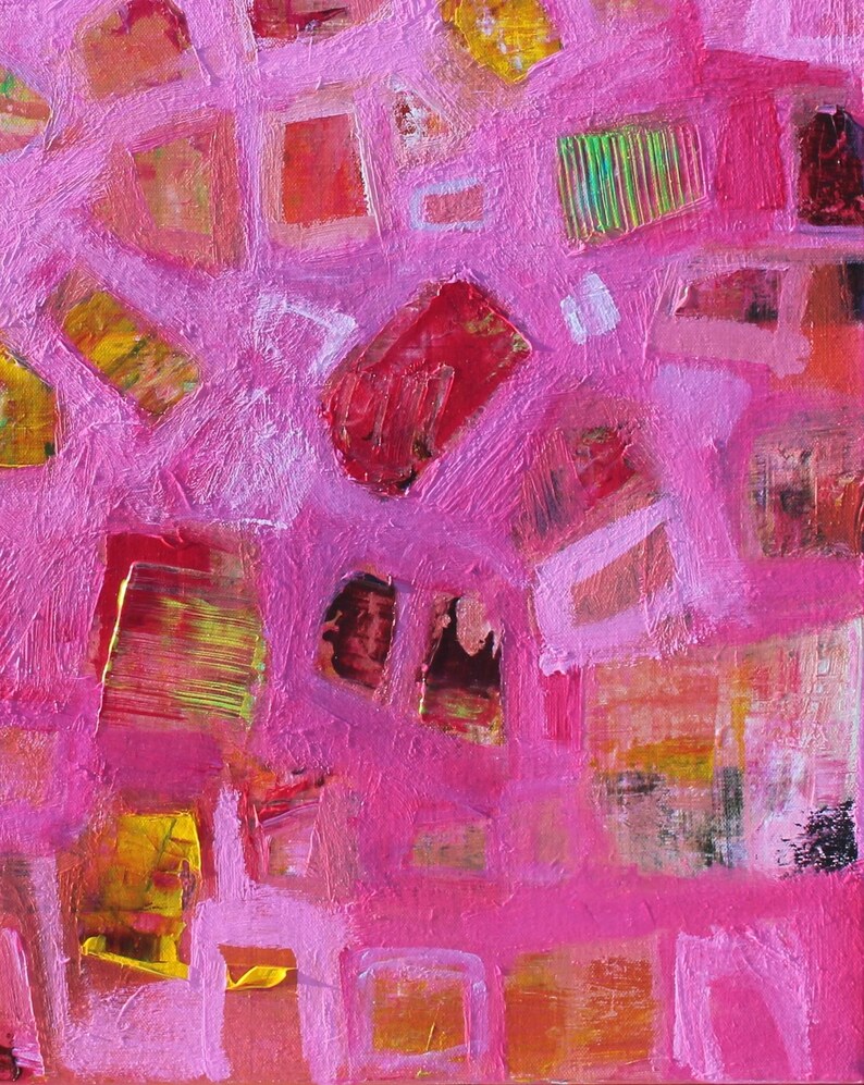 Detail view of pink abstract artwork with a pop of mint green.