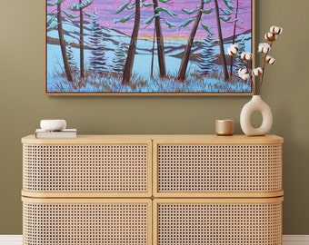 Winter Landscapes, 18x36, Winter Hills, Nova Scotia Art, Winter Forest Paintings, Panoramic Art, Canadian Paintings, Pink White, Bedroom Art