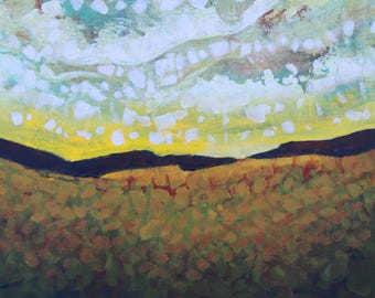 Small Abstract Landscape:  Expressionist Field and Sky Painting on Paper, Rural Nova Scotia, Matted to 8x10 Inches