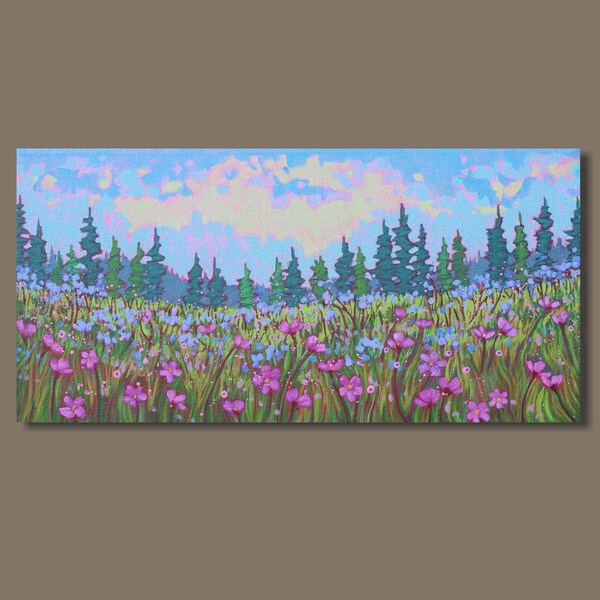 RESERVED for Natalie - Floral Meadow Painting, Field with Flowers, Panoramic Painting, Pink Home Decor, Flower Art, Field Landscape, Gift