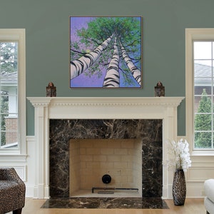Large birch tree painting of three trees in living room over fireplace mantle.