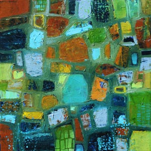 Colorful Abstract Painting: Geometric Painting in Earth Tones, Mosaic Style Art, 20x20 inches