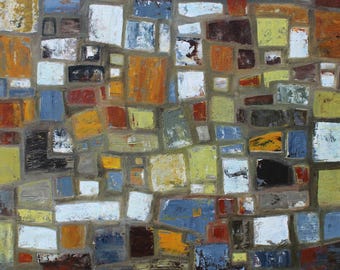 May include: Abstract artwork with a mosaic design. The painting is composed of numerous rectangular and square shapes in shades of yellow, orange, blue, brown, and white, set against a neutral background. The visible brushstrokes add texture to the piece.