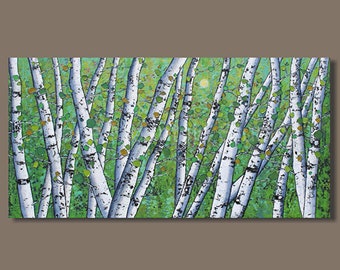 ABSTRACT BIRCH TREES, Birch Tree Art, Birch Forest Painting, White Birch Art, Panoramic Birch Tree Painting, Living Room Decor, Forest Art