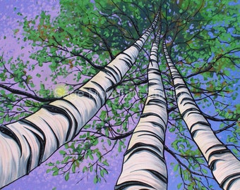 BIRCH TREE PAINTING, Trees Looking Up, Tree Painting, Forest Painting, Tall Trees Art, Original Painting, Oak, Canadian Art, Muskoka Art