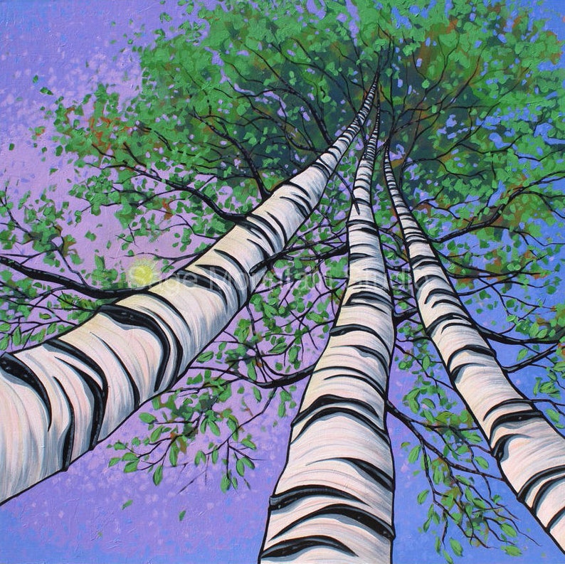 Large square birch tree painting with three tall trees.