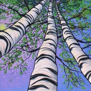 Detail of painting of three birch trees looking up.