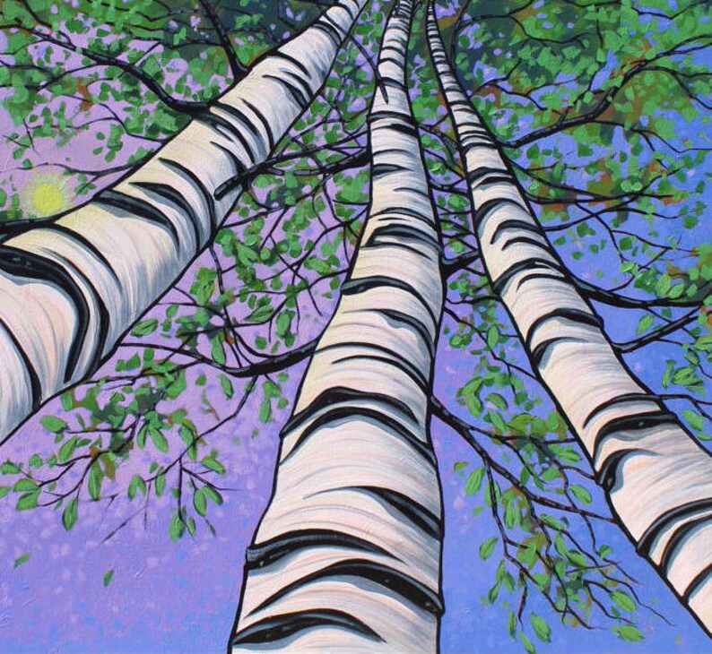 Detail of painting of three birch trees looking up.