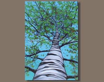 BIRCH TREE ART, Birch Tree on Canvas, Tall Tree Looking Up, Tree Painting, Aspen Painting, Blue and Green Art, 36x24, Living Room Decor