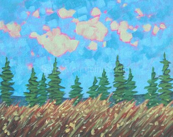 NOVA SCOTIA, 12x12, Small Field Painting, New England Field, Evergreen Trees, Gift Size, Painterly, Impressionist Landscape, Square Painting