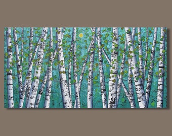 LARGE BIRCH TREES Painting, Abstract Birch Trees Panoramic Painting, Tree Landscape Original Tree Painting, Living Room Art, Nova Scotia Art