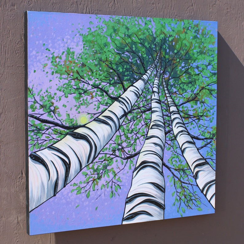 Large birch tree painting on an angle to show the painted edge of the canvas.