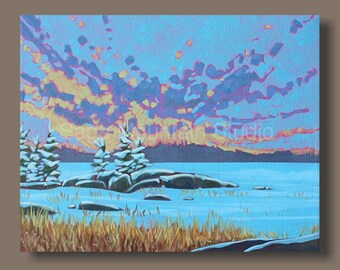 Winter Sunset Painting, Snowy Landscape, Canadian Shield, Pine Trees, Frozen Lake, Bedroom Art, Canadian Art, Nova Scotia Art