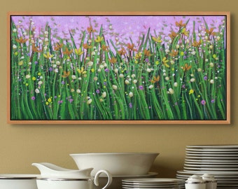 FLORAL PAINTING, 12x24 Panoramic Flower Painting, Meadow with Flowers, Pink Flowers, Field of Flowers Painting, Botanical Art, Bedroom Decor