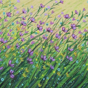 Close up of wildflower painting showing detail of violet and yellow flowers.