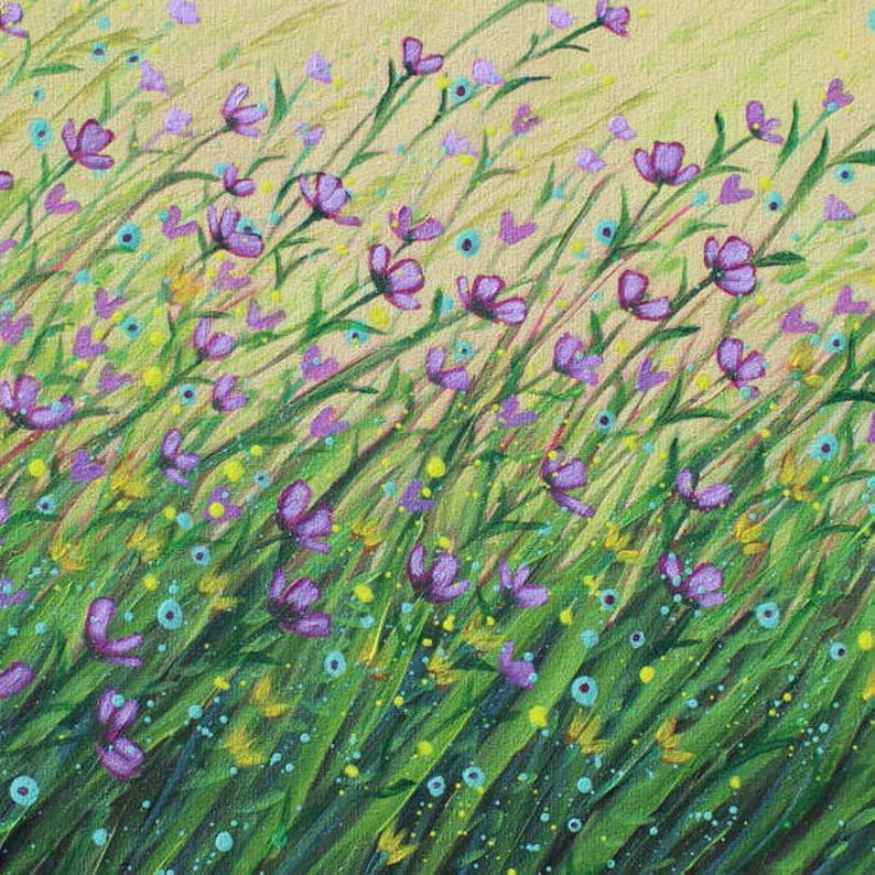 Close up of wildflower painting showing detail of violet and yellow flowers.
