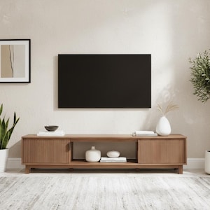 70 inch mocha fluted TV stand styled in modern living room with large flat screen TV