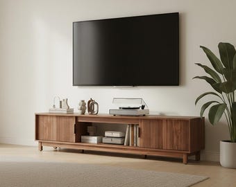Rattan TV Stand, Mocha Wood Media Console, Mid Century Boho Cabinet (Up to 70)