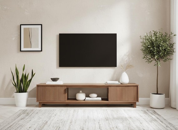 Mocha Hardwood Fluted TV Stand, Modern Media Console, 70 Inch