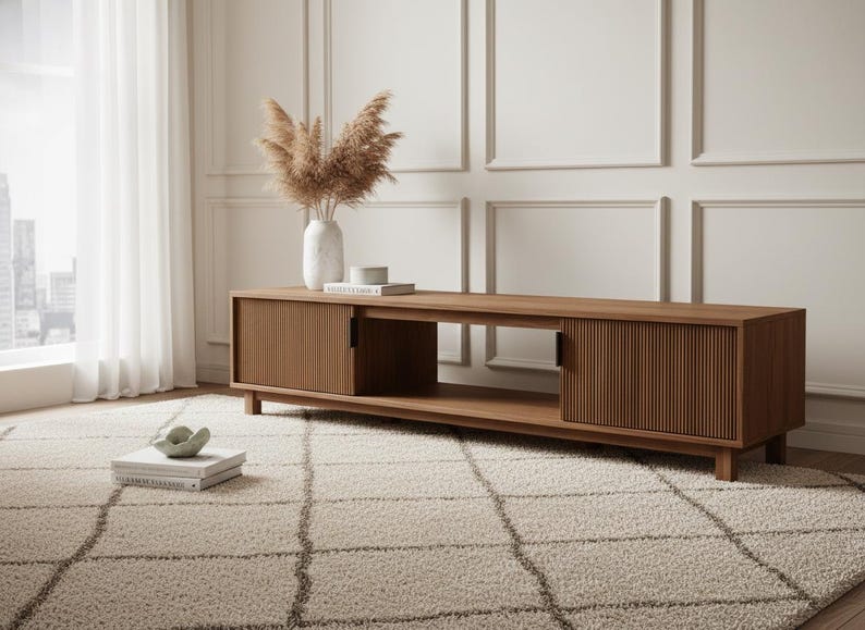 70 inch mocha fluted TV stand styled in modern living room with large flat screen TV