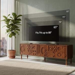 May include: A wooden TV stand with decorative carved designs and gold-tipped legs. A large black TV is mounted above the stand, with the text "Fits TVs up to 80". The image shows the size of the TV in inches.