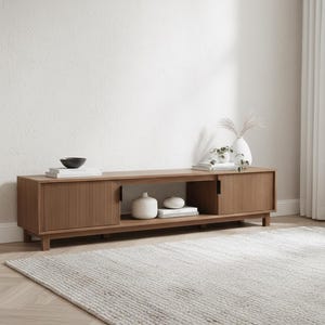 70 inch mocha fluted TV stand styled in modern living room with large flat screen TV