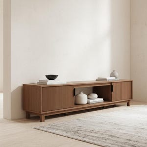 70 inch mocha fluted TV stand styled in modern living room with large flat screen TV