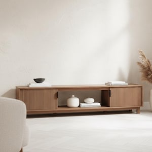 Front view of 70 inch TV stand with closed storage cabinet doors