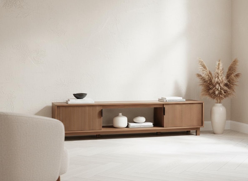 Front view of 70 inch TV stand with closed storage cabinet doors