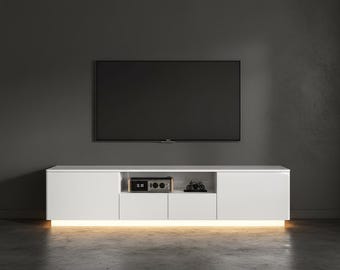 Modern White TV Stand, Glossy Entertainment Center, 75 Inch Media Console, Engineered Wood Cabinet