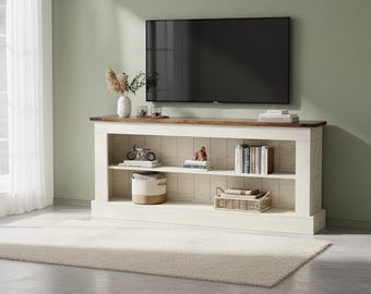Farmhouse White Wood TV Stand, 63 Inch Media Console, Modern Storage Entertainment Center