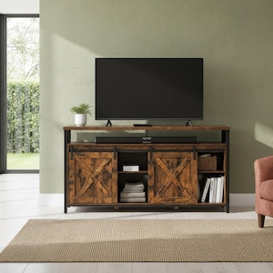 Industrial TV Stand, Rustic Wood Entertainment Center, Adjustable Shelves, Storage Console