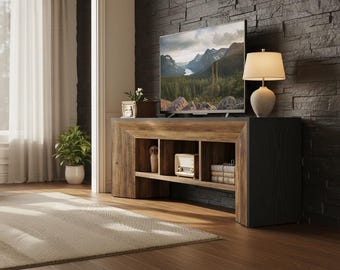 Industrial TV Stand, Rustic Brown Black Entertainment Center, 63 Inch Wood Storage Cubes