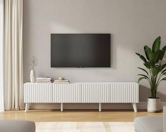 Mid Century Modern TV Stand, 71 Inch Grooved Entertainment Center, Storage Media Unit