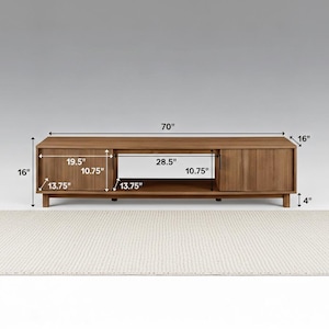 Close up of vertical fluted hardwood detailing on mocha media console