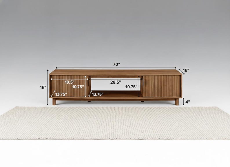 Close up of vertical fluted hardwood detailing on mocha media console