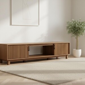 Side angle of hardwood TV console showing low profile under 27 inches