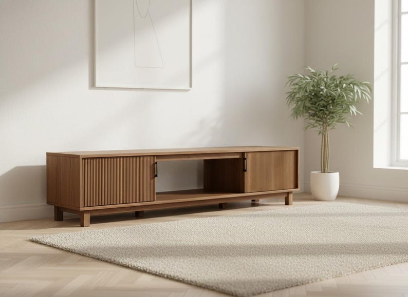 Side angle of hardwood TV console showing low profile under 27 inches