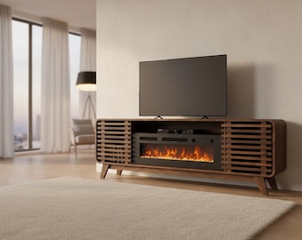 Farmhouse Fireplace TV Stand, 70 Inch Media Console, Rustic Wood Entertainment Center