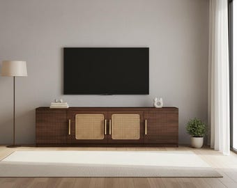 Mid Century Modern TV Stand, 70.9 Inch Wood Media Console, 6 Tier Storage