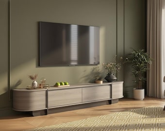 79-Inch Curved Wood TV Stand, Modern Entertainment Center with Drawers, Media Console Storage