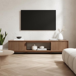 Close up of vertical fluted hardwood detailing on mocha media console