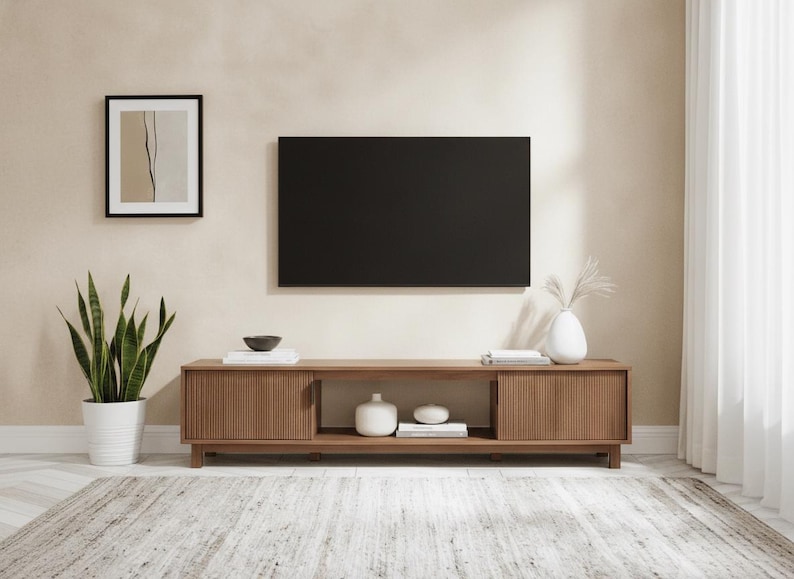 Front view of 70 inch TV stand with closed storage cabinet doors