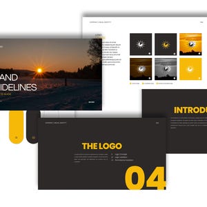 May include: A collection of brand guideline documents. The cover features a sunset landscape with the words "BRAND GUIDELINES". Other pages showcase logo variations and design elements in black, white, and yellow.