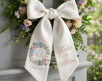 Custom Wedding Wreath Bow, Personalized Name Door Sash, Floral Monogram Ribbon, Bridal Shower Decor, Wedding Gift